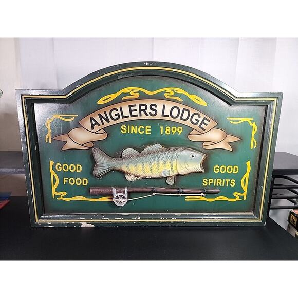 Vtg wood sign 3D Fish wall decor Anglers Lodge bar pub wall art Man cave 23"x15"